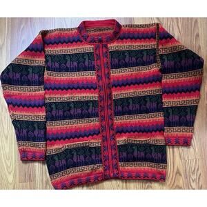 Alpaca Wool Peru Full zip Sweater Women Multicolor Llamas Designs Size L - NEW